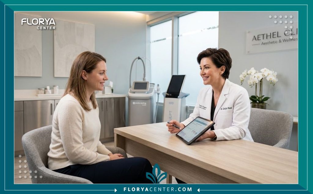 استشارة طبية في عيادة تجميل متطورة لمناقشة الخيارات المتاحة لشد ترهلات البطن بعد الولادة أو فقدان الوزن.