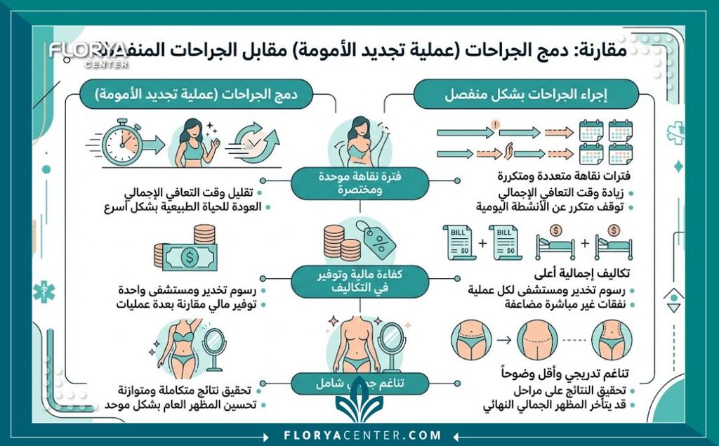 هل يمكن شد البطن والثدي في نفس الوقت؟ 3 إنفوجرافيك يقارن بين دمج عملية شد البطن والثدي في نفس الوقت في جراحة واحدة مقابل إجرائهما منفصلين من حيث مدة التعافي والتكلفة.