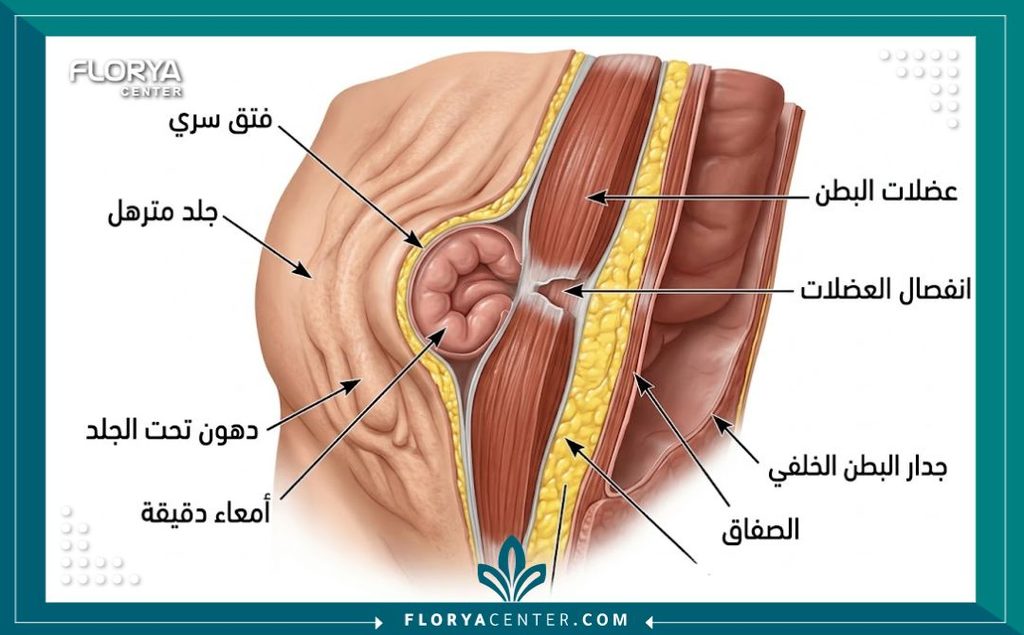 رسم توضيحي طبي لتشريح البطن يوضح شكل الفتق السري وضعف العضلات مع ترهلات الجلد المحيطة.