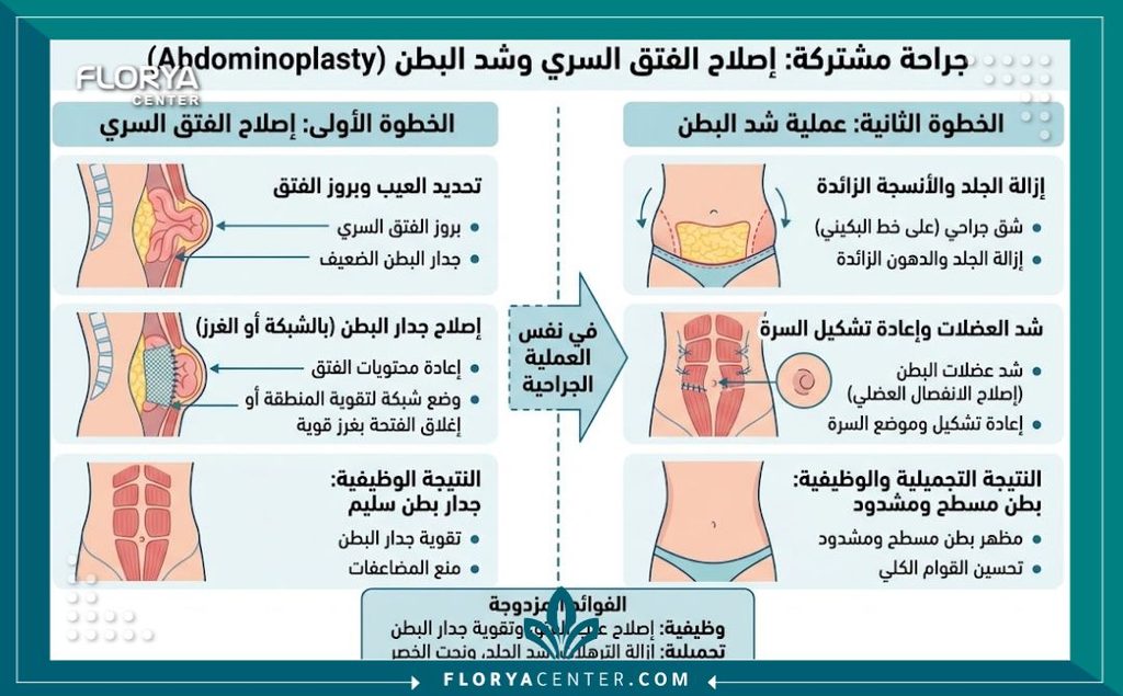 إنفوجرافيك يوضح خطوات الجمع بين عملية إصلاح الفتق السري وجراحة شد ترهلات البطن في إجراء واحد.