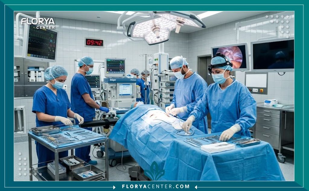 غرفة عمليات حديثة ومجهزة بأحدث التقنيات الطبية لإجراء جراحة إصلاح الفتق السري وشد البطن بأمان.