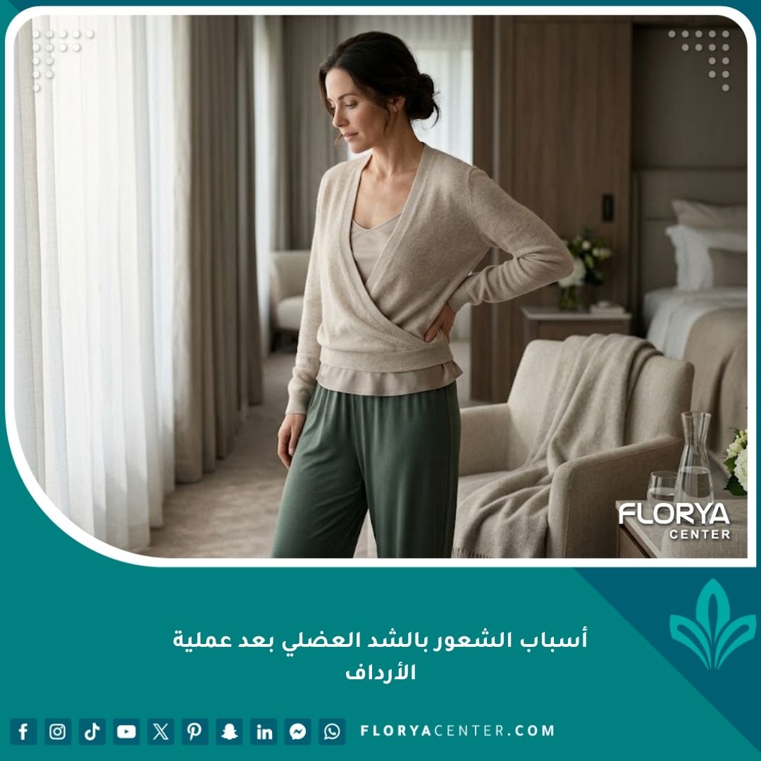 امرأة تضع يدها على أسفل الظهر وتشعر بالشد العضلي بعد عملية الأرداف في غرفة تعافي فاخرة.