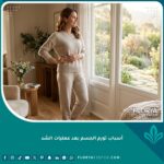 امرأة تشعر بالاطمئنان والراحة خلال فترة التعافي وفهم أسباب تورم الجسم بعد عمليات الشد التجميلية.