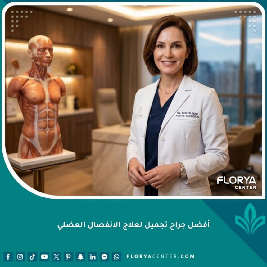 أفضل جراح تجميل لعلاج الانفصال العضلي يقف في عيادة طبية حديثة ومجهزة.