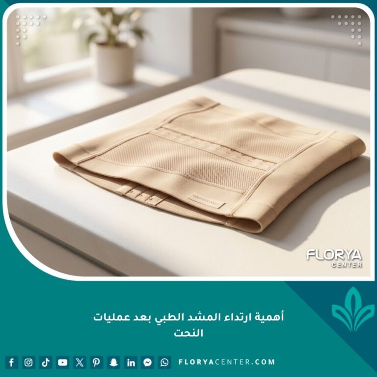 مشد طبي فاخر على طاولة بيضاء في عيادة تجميل، يبرز أهمية ارتداء المشد بعد عمليات النحت وشفط الدهون.