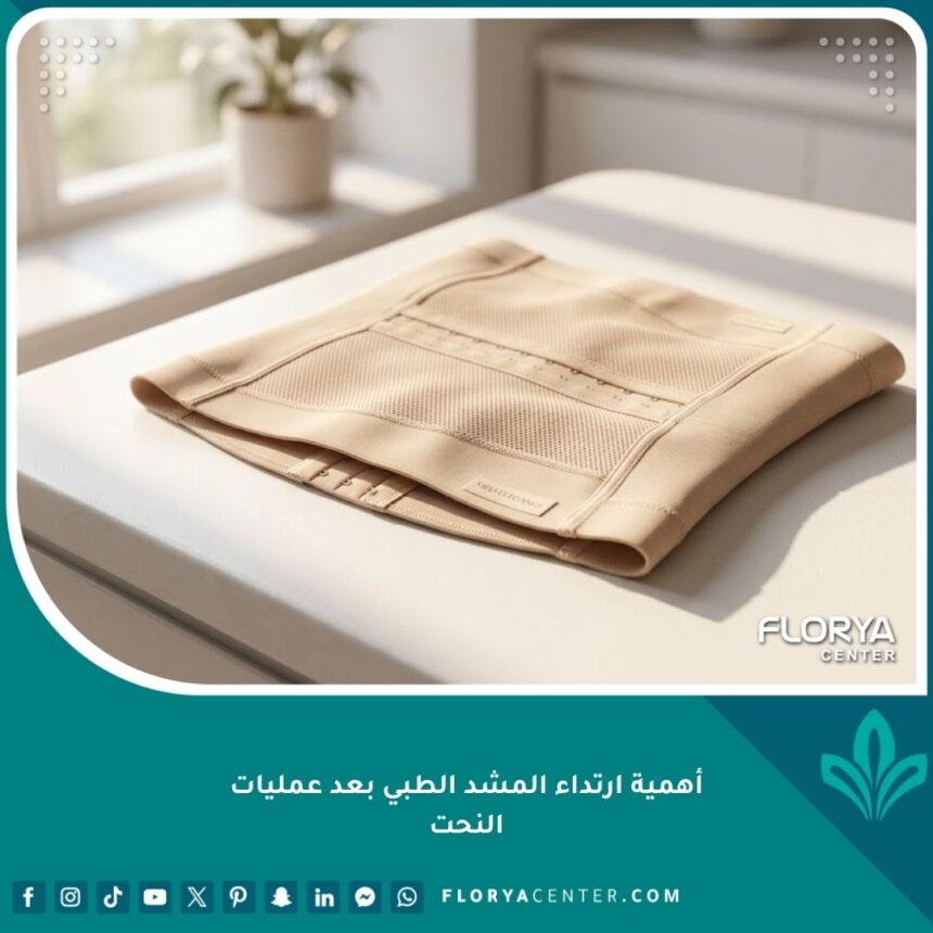 أهمية ارتداء المشد الطبي بعد عمليات النحت 1 مشد طبي فاخر على طاولة بيضاء في عيادة تجميل، يبرز أهمية ارتداء المشد بعد عمليات النحت وشفط الدهون.