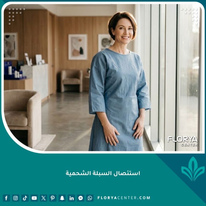 سيدة تشعر بالثقة والسعادة بعد نجاح عملية استئصال السبلة الشحمية في عيادة تجميل فاخرة.