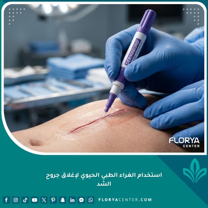 صورة مقربة تظهر دقة استخدام الغراء الطبي الحيوي ديرمابوند لإغلاق جروح الشد التجميلية بدون خياطة خارجية.