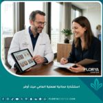 طبيب جراحة تجميل يقدم استشارة مجانية لعملية المامي ميك أوفر لامرأة في عيادة حديثة ومريحة.