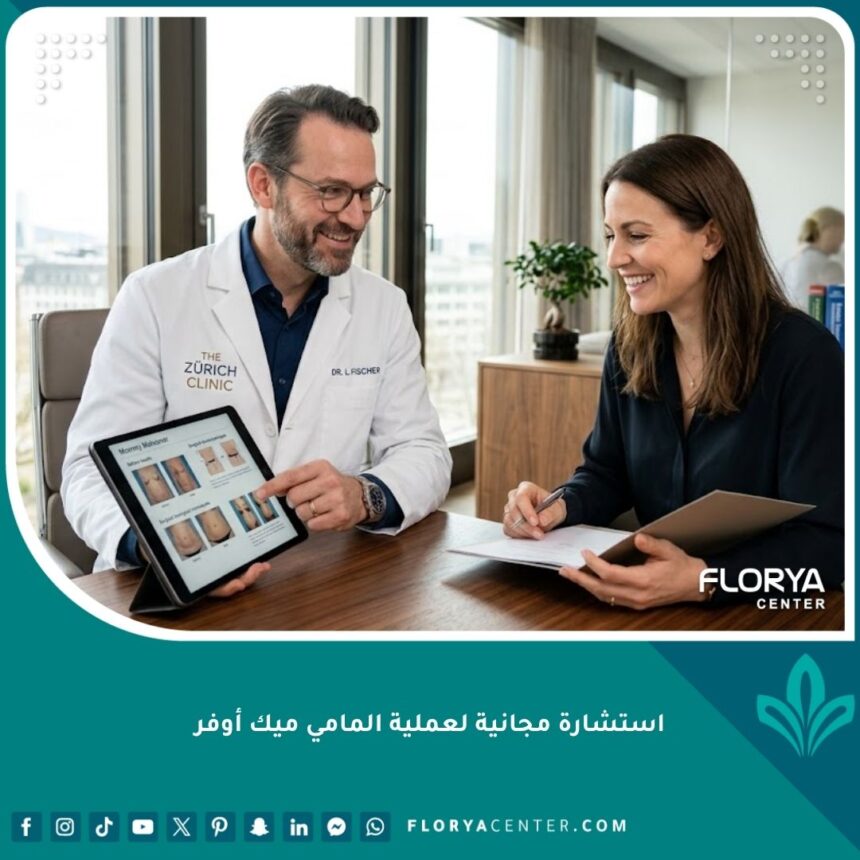 طبيب جراحة تجميل يقدم استشارة مجانية لعملية المامي ميك أوفر لامرأة في عيادة حديثة ومريحة.