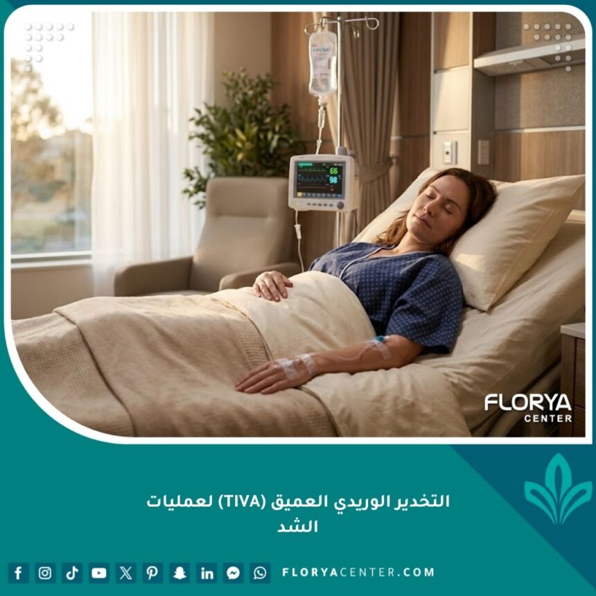 مريضة نائمة بسلام وعمق أثناء تلقي التخدير الوريدي العميق TIVA لعمليات الشد التجميلية بدون ألم.