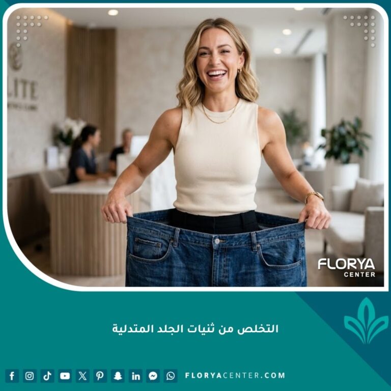 صورة توضح السعادة والنجاح في التخلص من ثنيات الجلد المتدلية بعد خسارة 50 كيلو من الوزن.