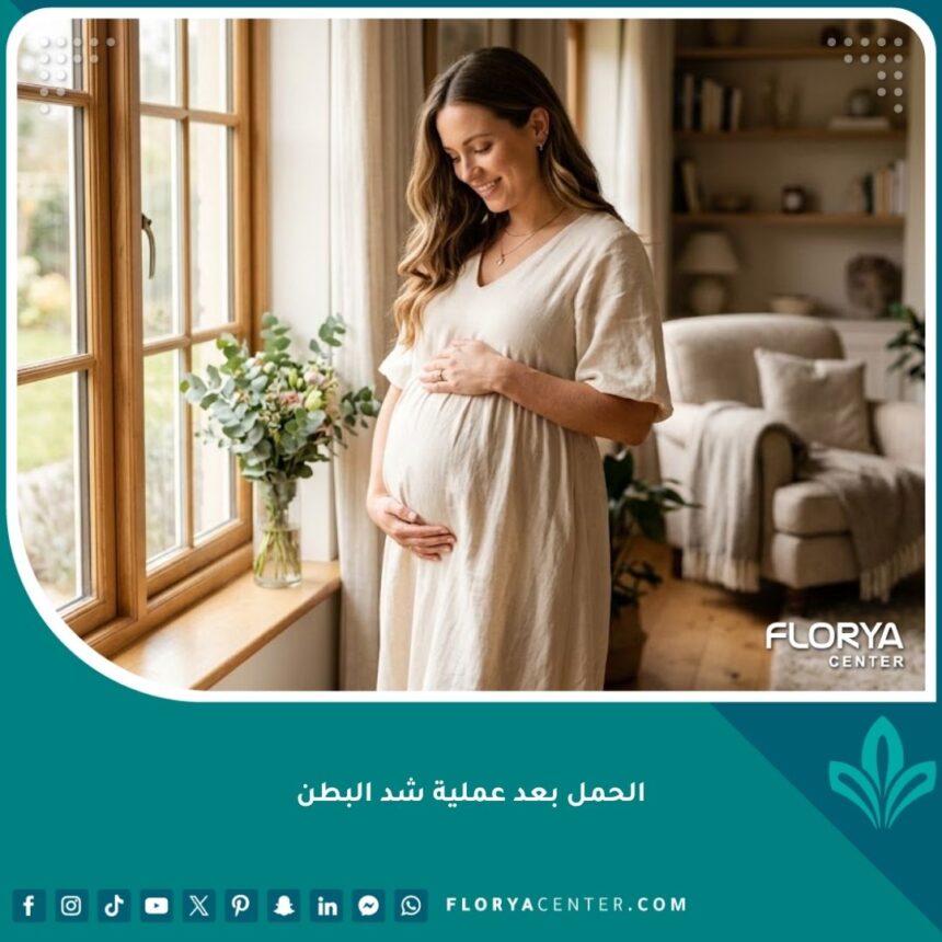 الحمل بعد عملية شد البطن 1 امرأة شابة حامل سعيدة تضع يدها على بطنها، تمثل نجاح وأمان الحمل بعد عملية شد البطن دون القلق على النتائج