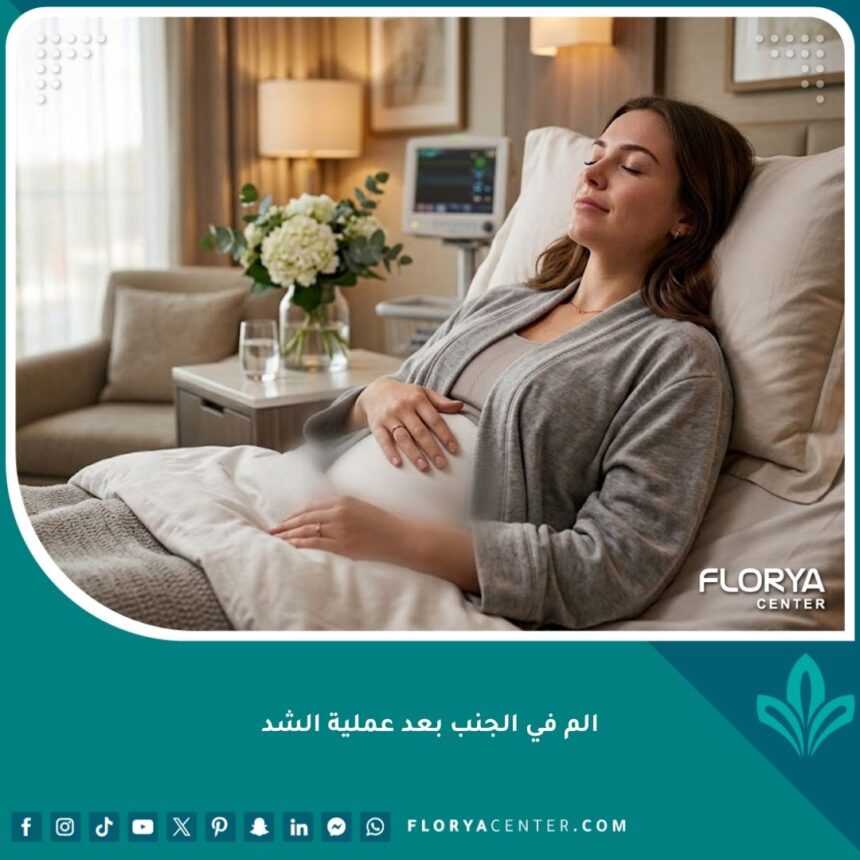 امرأة تتعافى بسلام وتشعر ببعض الألم في الجنب بعد عملية الشد في غرفة تعافي فاخرة.