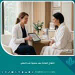 طبيبة تجميل تطمئن مريضة حول أسباب وطرق علاج انتفاخ العانة بعد عملية شد البطن في عيادة حديثة.