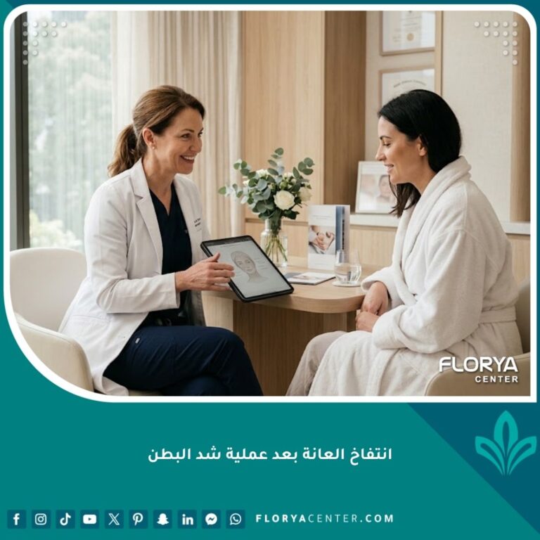 طبيبة تجميل تطمئن مريضة حول أسباب وطرق علاج انتفاخ العانة بعد عملية شد البطن في عيادة حديثة.