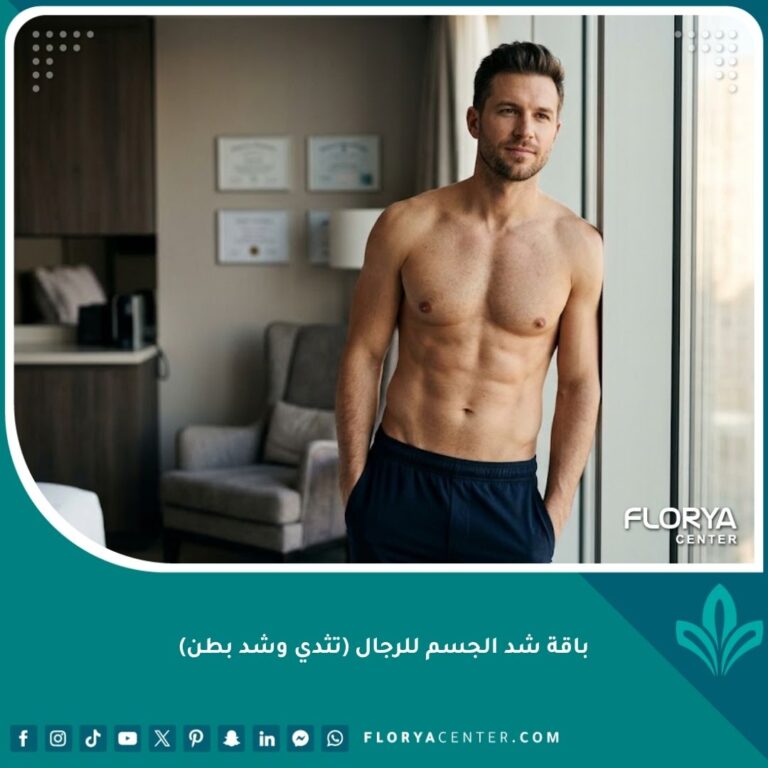 صورة لرجل رياضي يتمتع بصدر مشدود وبطن مسطح، تمثل النتيجة النهائية المثالية لباقة شد الجسم للرجال وعلاج التثدي.