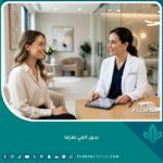 طبيب تجميل يشرح للمريضة نتائج تقنية بديل الجي بلازما لشد الجلد في عيادة فخمة.