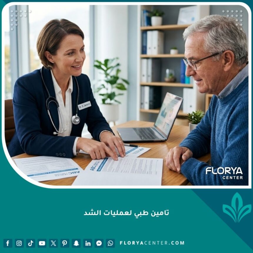 طبيب يشرح للمريض شروط التغطية في التأمين الطبي لعمليات الشد والموافقات المطلوبة.