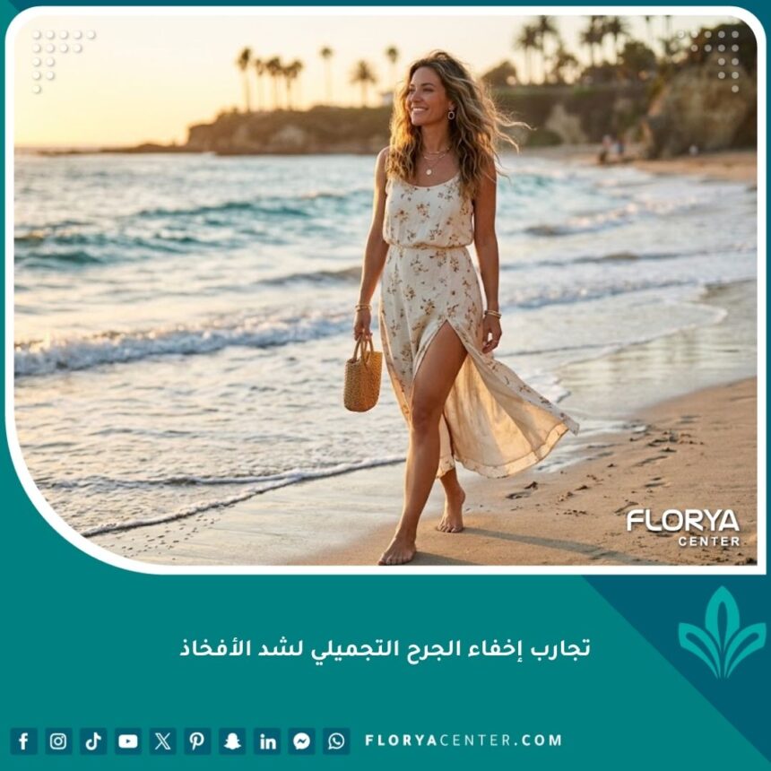 امرأة واثقة بفستان صيفي تظهر نتائج عملية شد الفخذين وإخفاء الجرح التجميلي بنجاح تام.