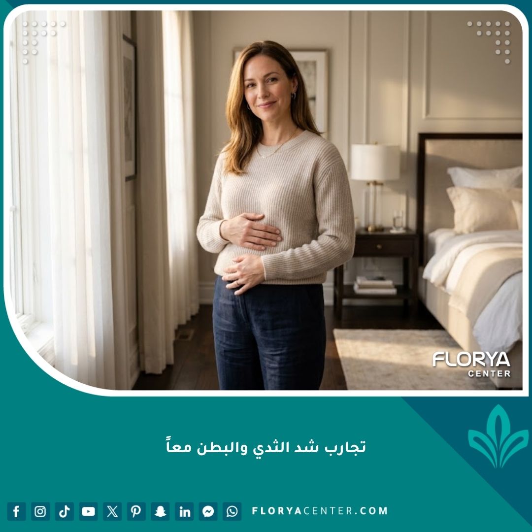 صورة لامرأة سعيدة ومطمئنة بعد نجاح تجربة عملية شد الثدي والبطن معاً للحصول على قوام متناسق.