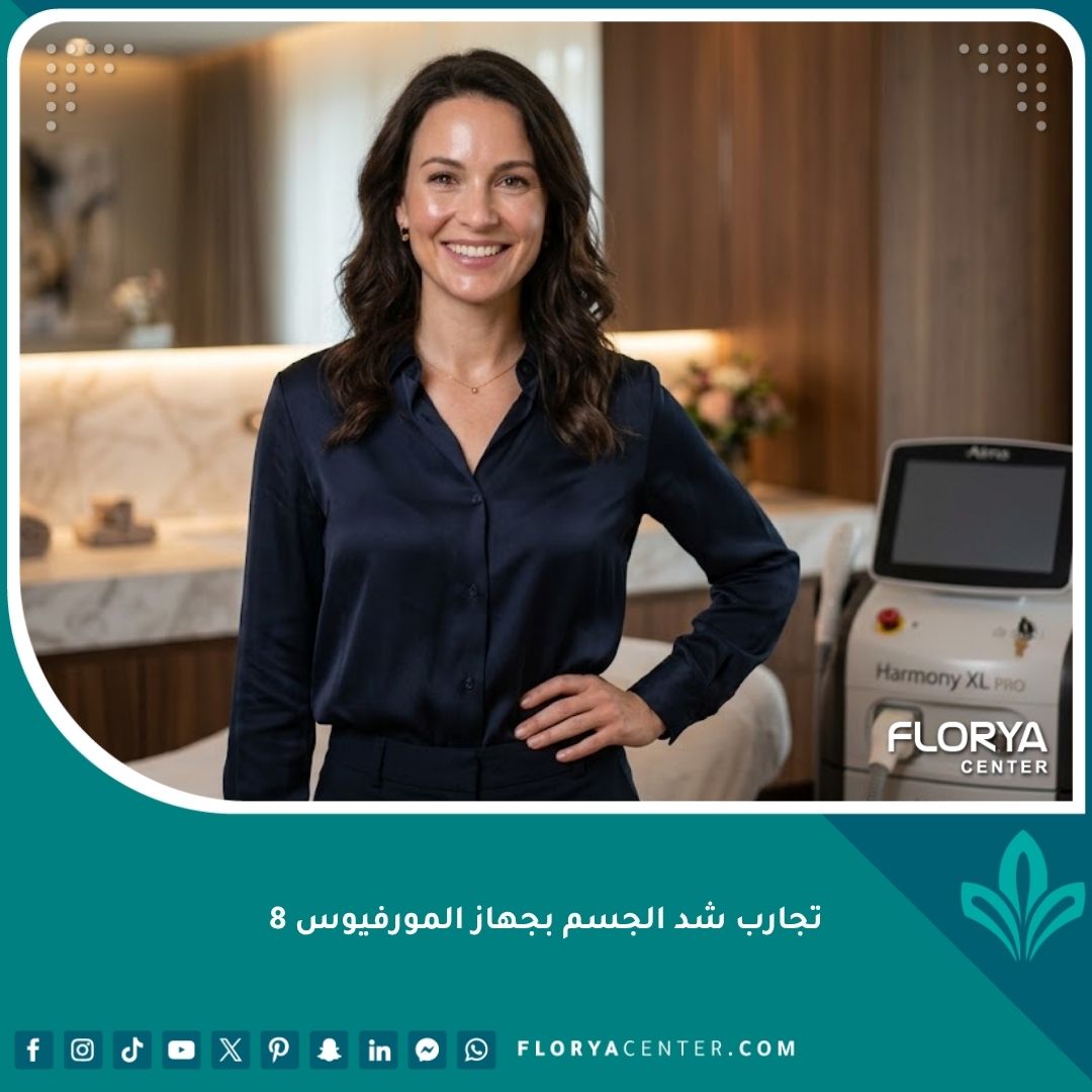 امرأة سعيدة بنتائج تجربتها لشد الجسم بجهاز المورفيوس 8 في عيادة تجميل فاخرة.