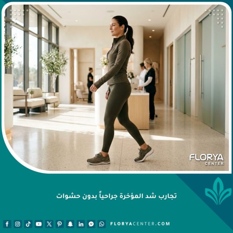 سيدة ذات قوام متناسق ومشدود توضح نتائج وتجارب شد المؤخرة جراحياً بدون حشوات أو سيليكون.
