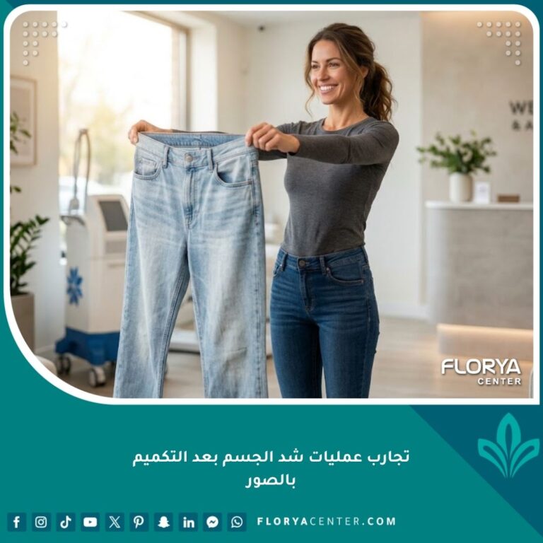 امرأة سعيدة وواثقة تعرض نجاح تجارب عمليات شد الجسم بعد التكميم وتتخلص من مقاساتها القديمة.
