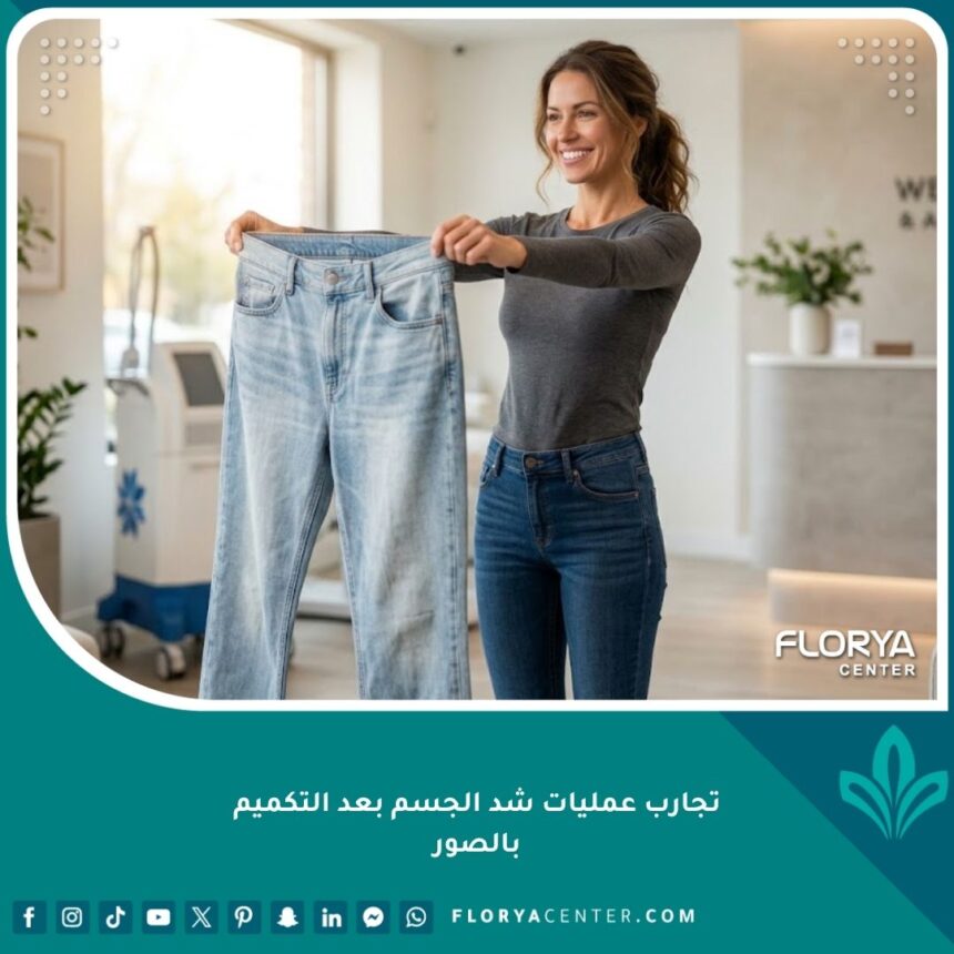 امرأة سعيدة وواثقة تعرض نجاح تجارب عمليات شد الجسم بعد التكميم وتتخلص من مقاساتها القديمة.