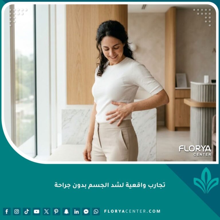 صورة لامرأة سعيدة تظهر نتائج تجارب واقعية لشد الجسم بدون جراحة في عيادة تجميل حديثة.