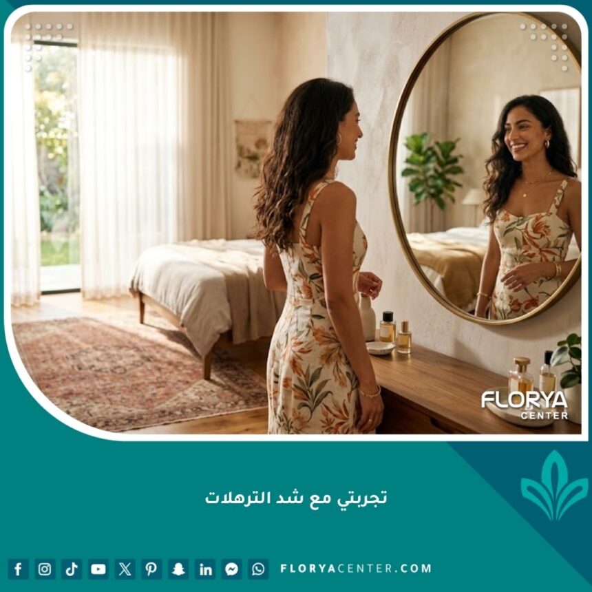 امرأة سعيدة تنظر في المرآة بثقة بعد نجاح تجربتي مع شد الترهلات واستعادة قوامها المثالي.