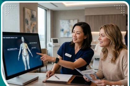 طبيب جراحة تجميل يناقش خيارات علاج ترهلات الدرجة الرابعة والعمليات المحيطية الكبرى مع مريضة في عيادة حديثة.