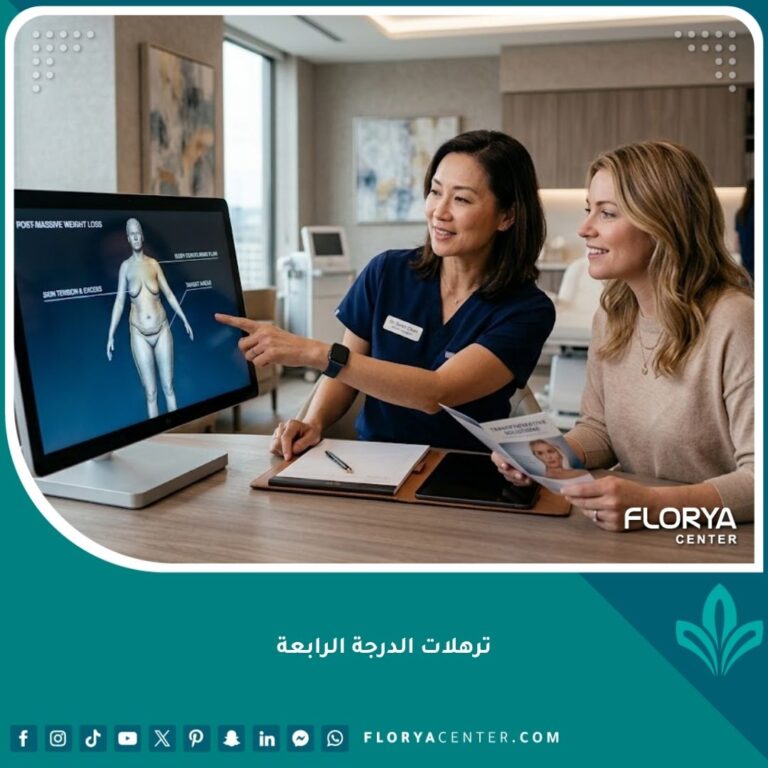 طبيب جراحة تجميل يناقش خيارات علاج ترهلات الدرجة الرابعة والعمليات المحيطية الكبرى مع مريضة في عيادة حديثة.