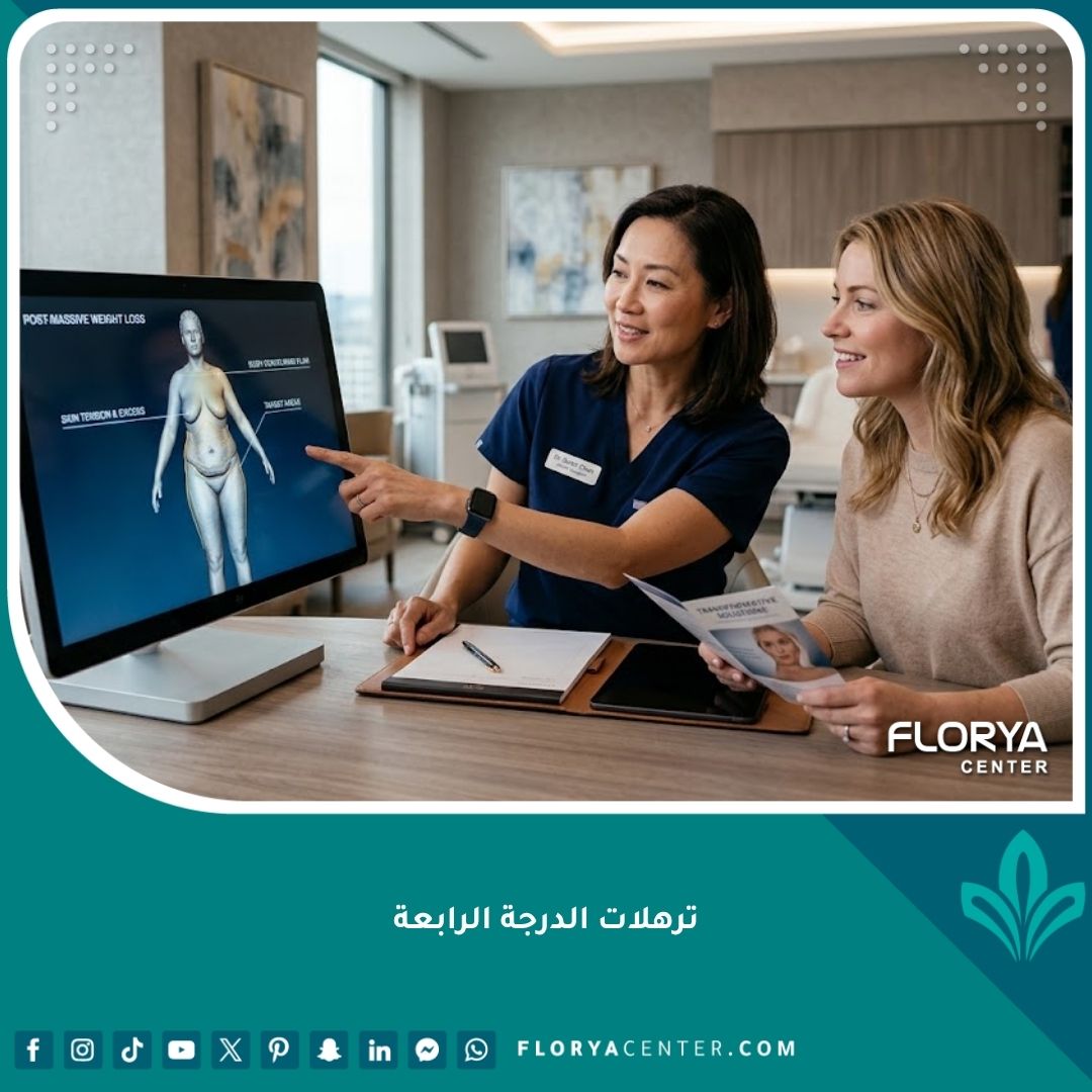 طبيب جراحة تجميل يناقش خيارات علاج ترهلات الدرجة الرابعة والعمليات المحيطية الكبرى مع مريضة في عيادة حديثة.