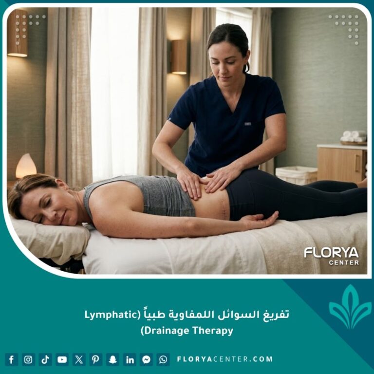 أخصائي علاج طبيعي محترف يقوم بجلسة تفريغ السوائل اللمفاوية طبياً للتخلص من التورم المائي والسيروما بعد العملية الجراحية في عيادة فاخرة.