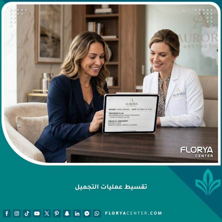 تقسيط عمليات التجميل 1 مريضة سعيدة في عيادة تجميل تناقش خطة تقسيط عمليات التجميل مع الطبيب للحصول على تسهيلات مالية مرنة.