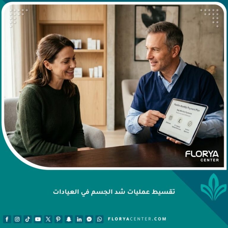 طبيب تجميل يشرح خطط تقسيط عمليات شد الجسم في العيادات لمريضة سعيدة في غرفة استشارة فاخرة.