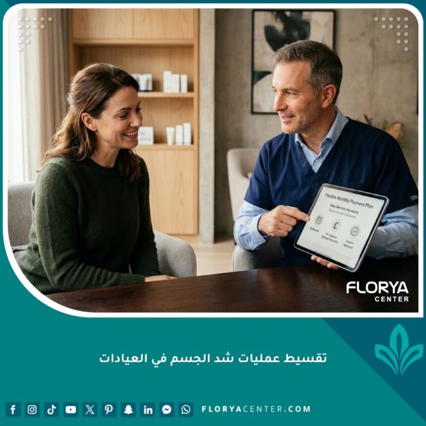 طبيب تجميل يشرح خطط تقسيط عمليات شد الجسم في العيادات لمريضة سعيدة في غرفة استشارة فاخرة.