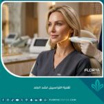 سيدة تتمتع ببشرة مشدودة ونضرة وخط فك محدد بعد الخضوع لجلسة تقنية التراسييل لشد الجلد، نتائج شد الوجه بدون جراحة.