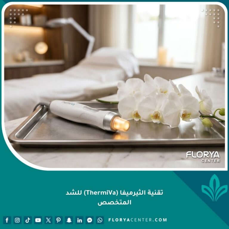 صورة عالية الدقة توضح جهاز تقنية الثيرميفا في عيادة تجميل فخمة لشد الأنسجة الأنثوية وعلاج الترهلات.