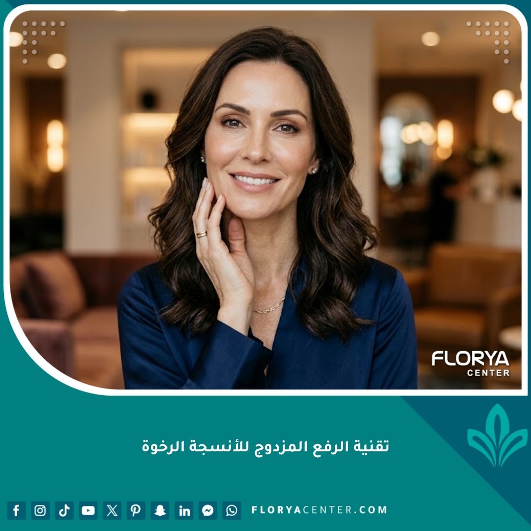 صورة واقعية لامرأة بملامح شابة ومشدودة بعد إجراء تقنية الرفع المزدوج للأنسجة الرخوة في عيادة تجميل فاخرة.