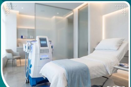 جهاز الكول سكالبنتج لتجميد الدهون الموضعي داخل عيادة تجميل متطورة كخطوة تحضيرية قبل الشد الجراحي.