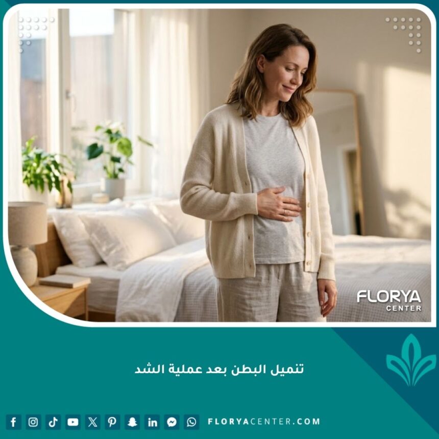 امرأة تبتسم وتلمس بطنها بلطف في بيئة مريحة بعد التعافي من عملية شد البطن، لتوضيح طبيعة تنميل البطن بعد عملية الشد.