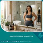 امرأة سعيدة واثقة من نفسها تنظر في المرآة بعد نجاح جراحات تجميل ما بعد فقدان الوزن السريع والحصول على قوام مشدود.