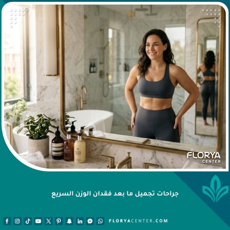 امرأة سعيدة واثقة من نفسها تنظر في المرآة بعد نجاح جراحات تجميل ما بعد فقدان الوزن السريع والحصول على قوام مشدود.