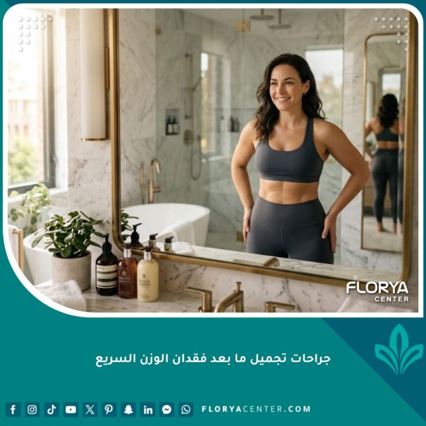 امرأة سعيدة واثقة من نفسها تنظر في المرآة بعد نجاح جراحات تجميل ما بعد فقدان الوزن السريع والحصول على قوام مشدود.