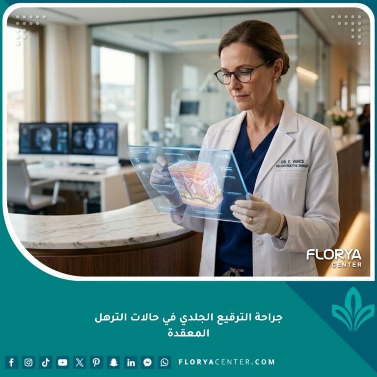 طبيب جراحة ترميمية يخطط لإجراء جراحة الترقيع الجلدي في حالات الترهل المعقدة داخل عيادة حديثة.