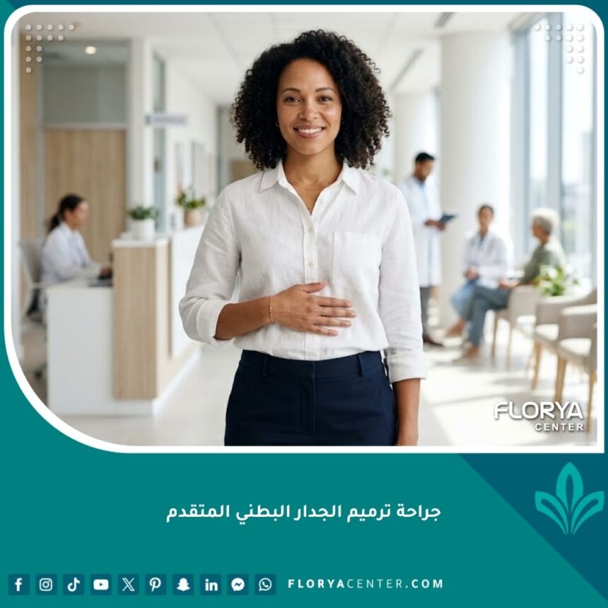 امرأة سعيدة وتتمتع بثقة عالية بعد نجاح جراحة ترميم الجدار البطني المتقدم في عيادة طبية حديثة.