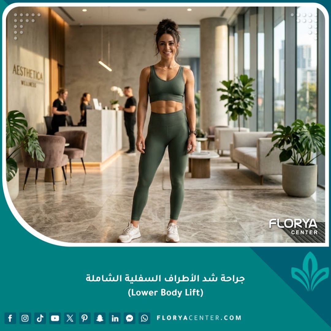 امرأة تتمتع بقوام متناسق بعد جراحة شد الأطراف السفلية الشاملة في عيادة تجميل فاخرة.