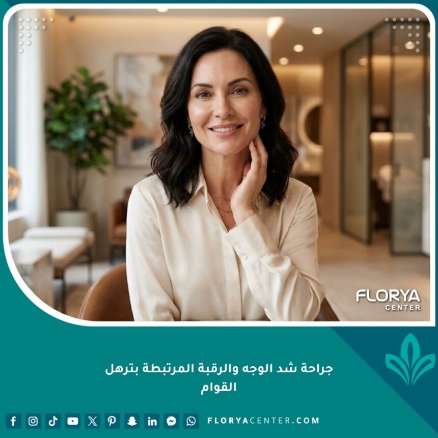 سيدة أنيقة تلمس خط الفك بعد نجاح جراحة شد الوجه والرقبة لعلاج الترهلات بعد التكميم وفقدان الوزن.
